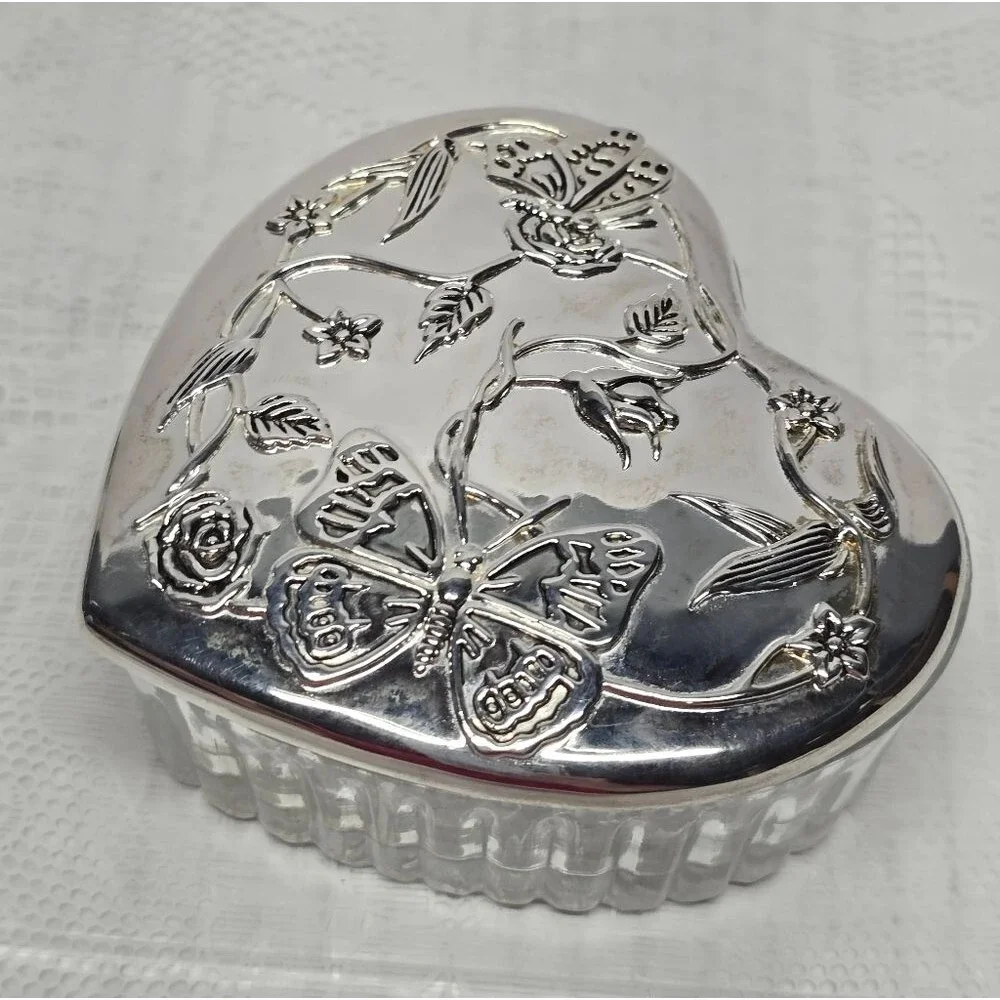 Vintage Silver Plated Butterfly Floral Lid Heart Shaped Glass Trinket Box